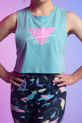 Aqua Acid Wash Retrosweat Aerobics Logo Crop Tank